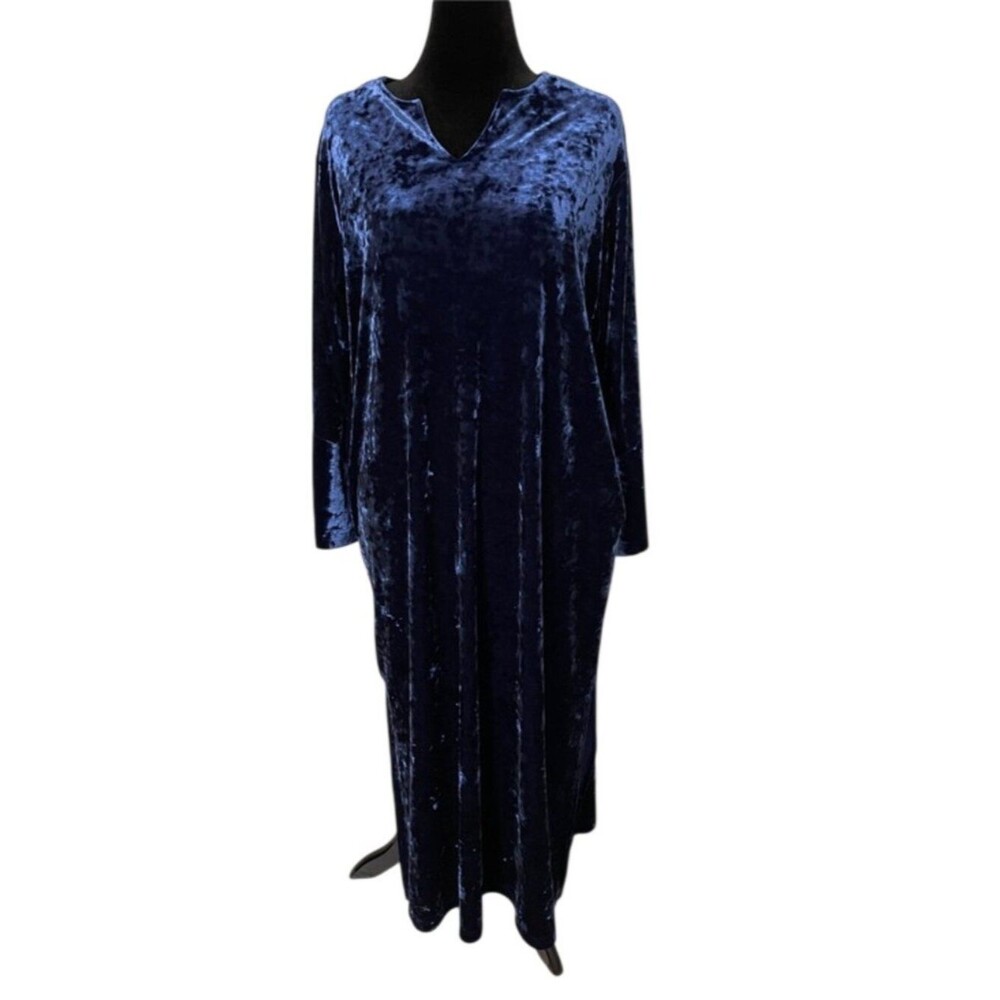 Cabernet Navy Blue Crushed Velvet Caftan Lounge Dress Womens Large Maxi